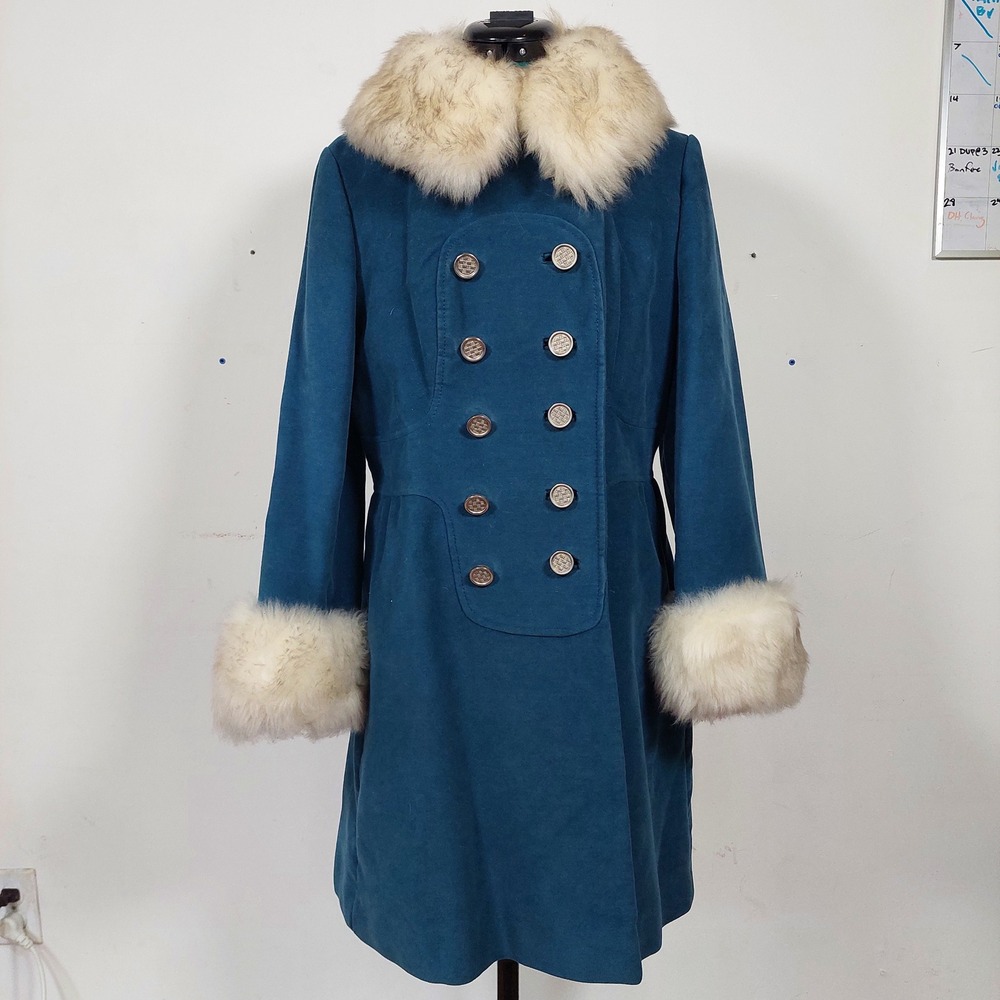 Vintage Country Pacer Teal Blue Faux Fur Trim Double Breasted Coat Women 60s